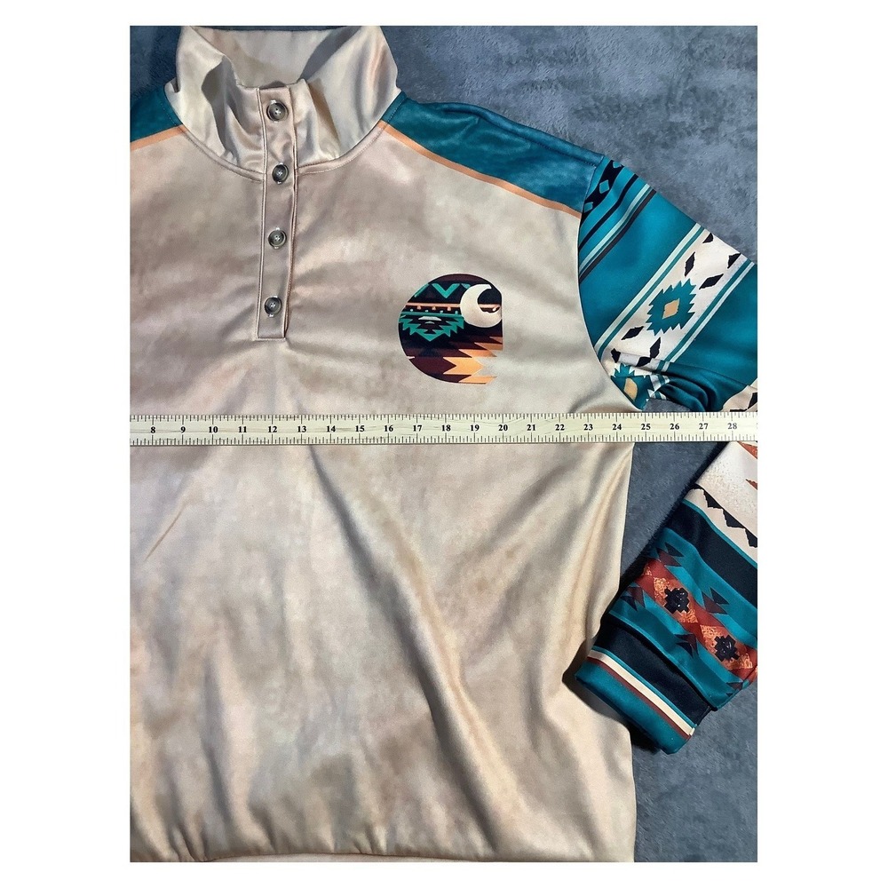 Men's XL Southwestern Aztec Pullover Jacket 1/4 Button Fleece Tan Teal‎ - Picture 2 of 7
